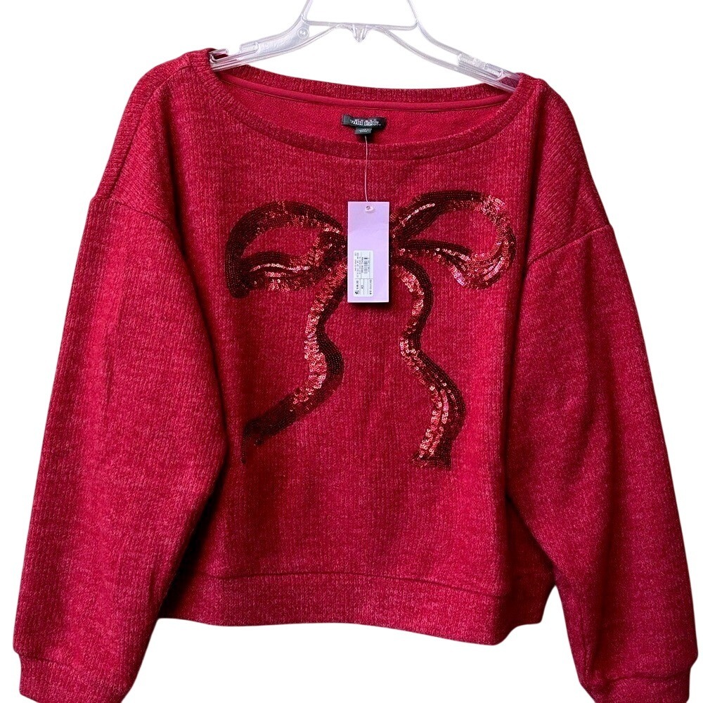 wild fable Sequin Bow Pullover Sweater Womens XS Red Sparkle Soft Festive NWT